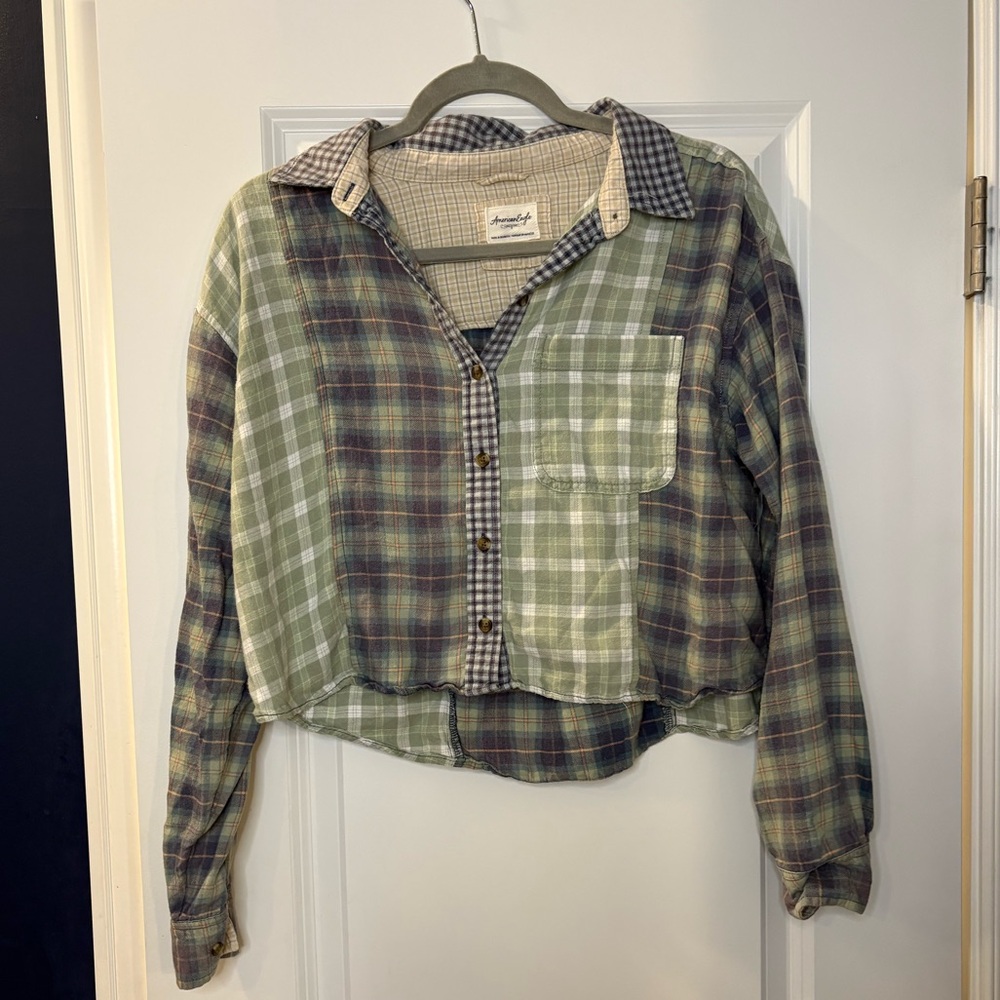 American Eagle Patchwork Plaid Cropped Button Up … - image 1